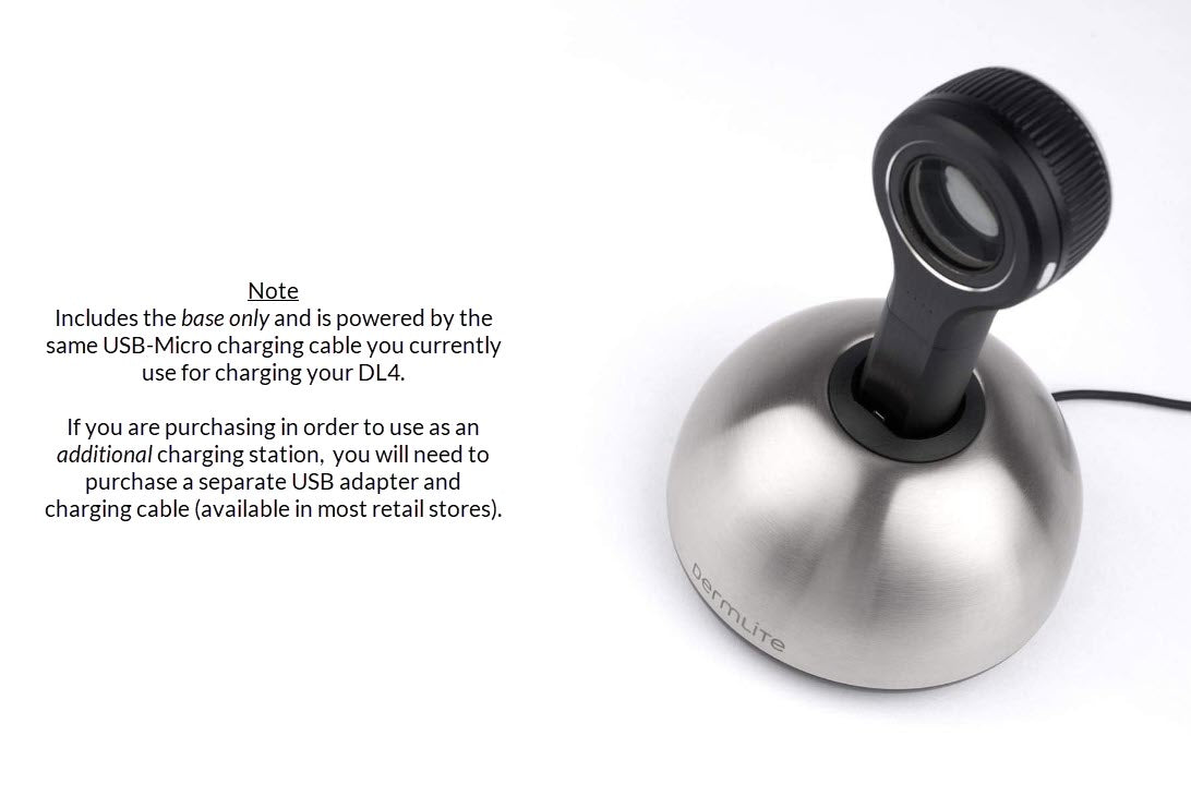 A DermLite Charging Base for the DL4, equipped with a silicone sleeve for added protection during use.
