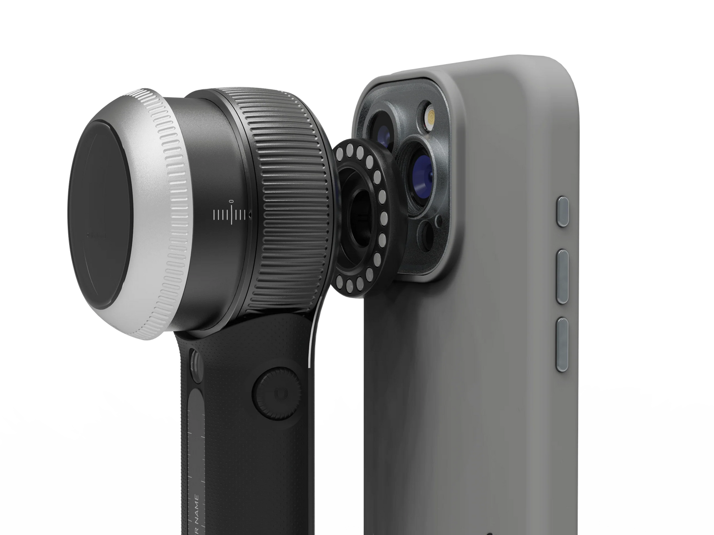 A close-up of a smartphone with an attached camera accessory, featuring a cylindrical lens and a grey phone case. Pre-order the DermLite DL Connection Kit for iPhone 16 Series now, and ensure your device is ready for MagnetiConnect-compatible dermatoscopes.