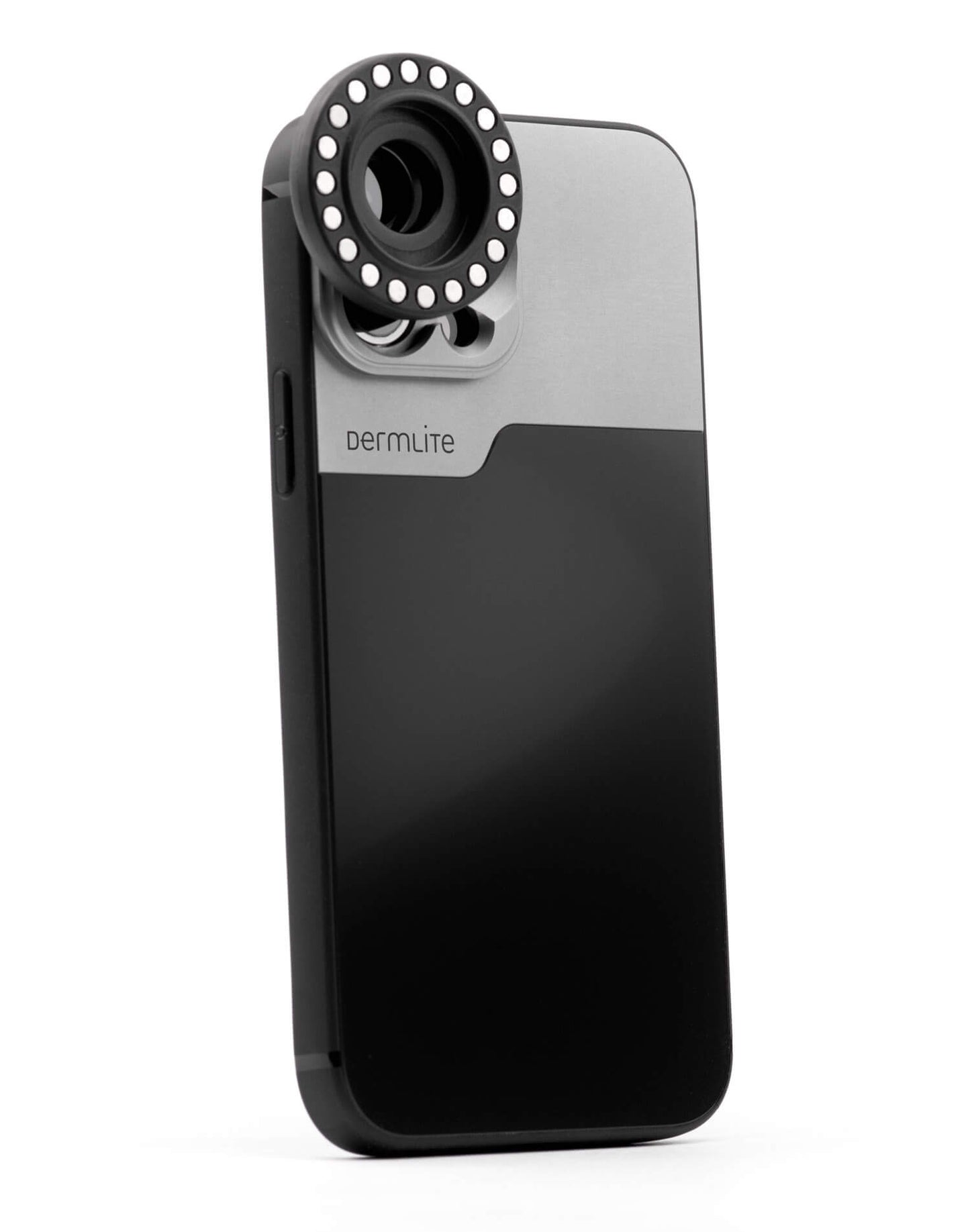 A black and silver DL Connection Kit for iPhone SE (2nd/3rd Gen) and iPhone 8 with a circular lens attachment and illuminated ring. It has "DermLite" branding on it and is MagnetiConnect-compatible.
