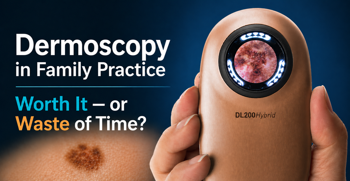 Dermoscopy of a skin lesion using a handheld dermatoscope in family practice