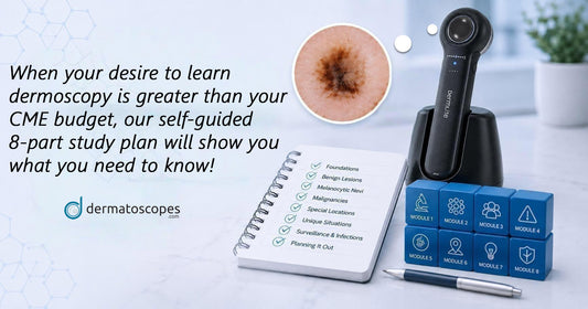 Dermlite DL5 Plus sitting beside dermoscopy study notes