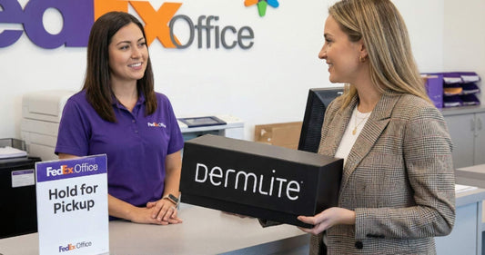 Dermatologist visiting a conference is picking up the new dermatoscope they ordered and had sent to a FedEx Office location.