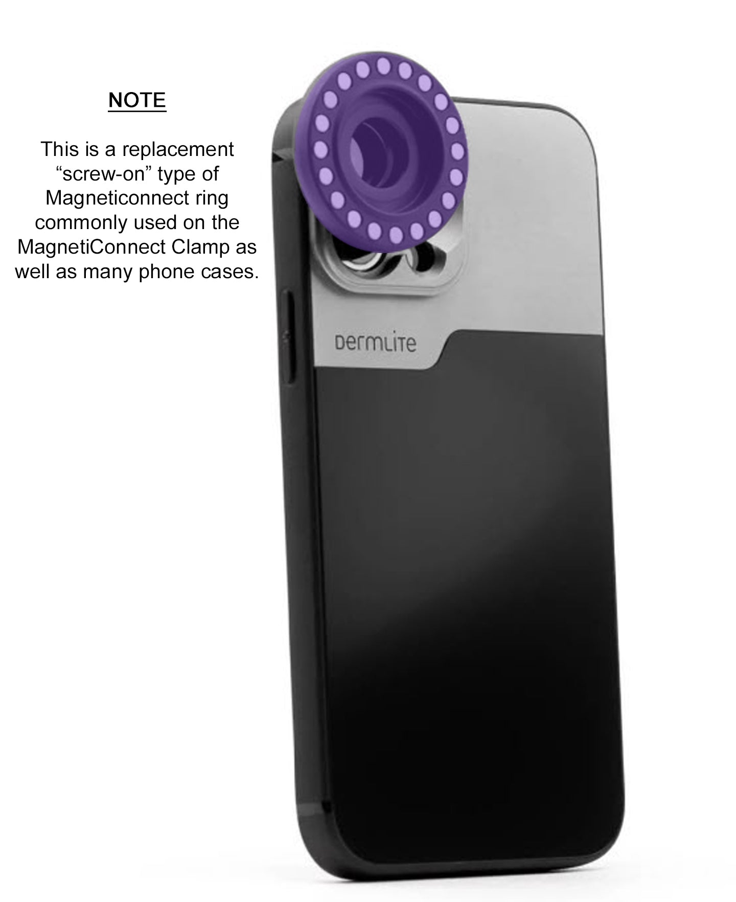 A DermLite MagnetiConnect Ring (Replacement) phone with a purple lens attached to it.