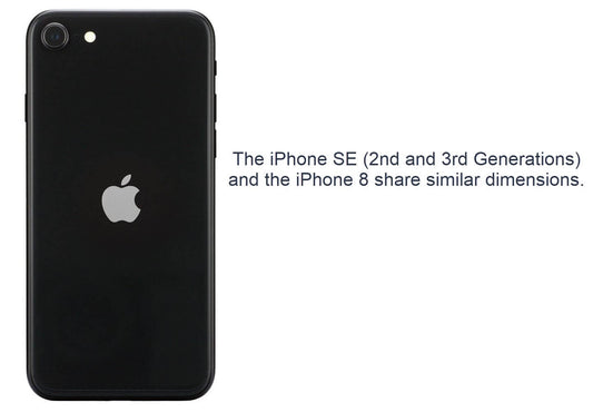 A black iPhone is displayed against a white background next to text stating the DL Connection Kit for iPhone SE (2nd/3rd Gen) and iPhone 8 by DermLite has similar dimensions, making it easy to find a compatible case.